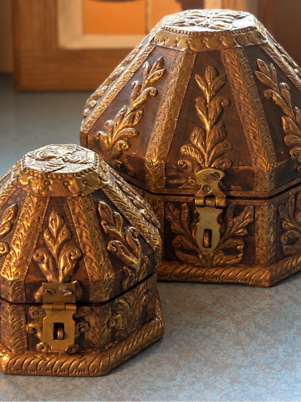 Vintage Brass & Wood Jewelry Boxes – Ornate Embossed Floral Nesting Set of 2